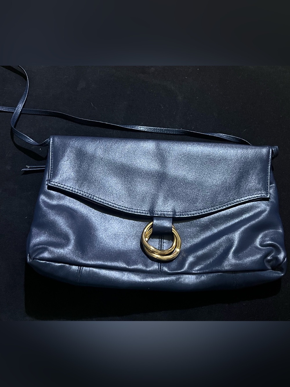 Vintage Classic Navy Leather Shoulder Bag with Gold Ring Accent